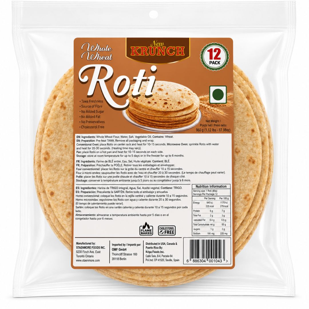 Pan tortilla de trigo integral de la India | Whole Wheat Roti 500g/12pcs. New Krunch