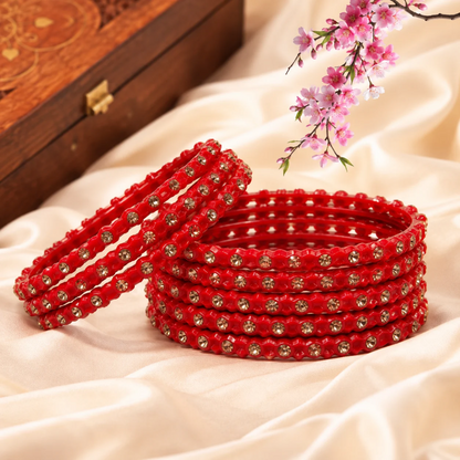 Pulsera | Red Stone Studded Glass Bangles - 6 pieces (size -2.6)