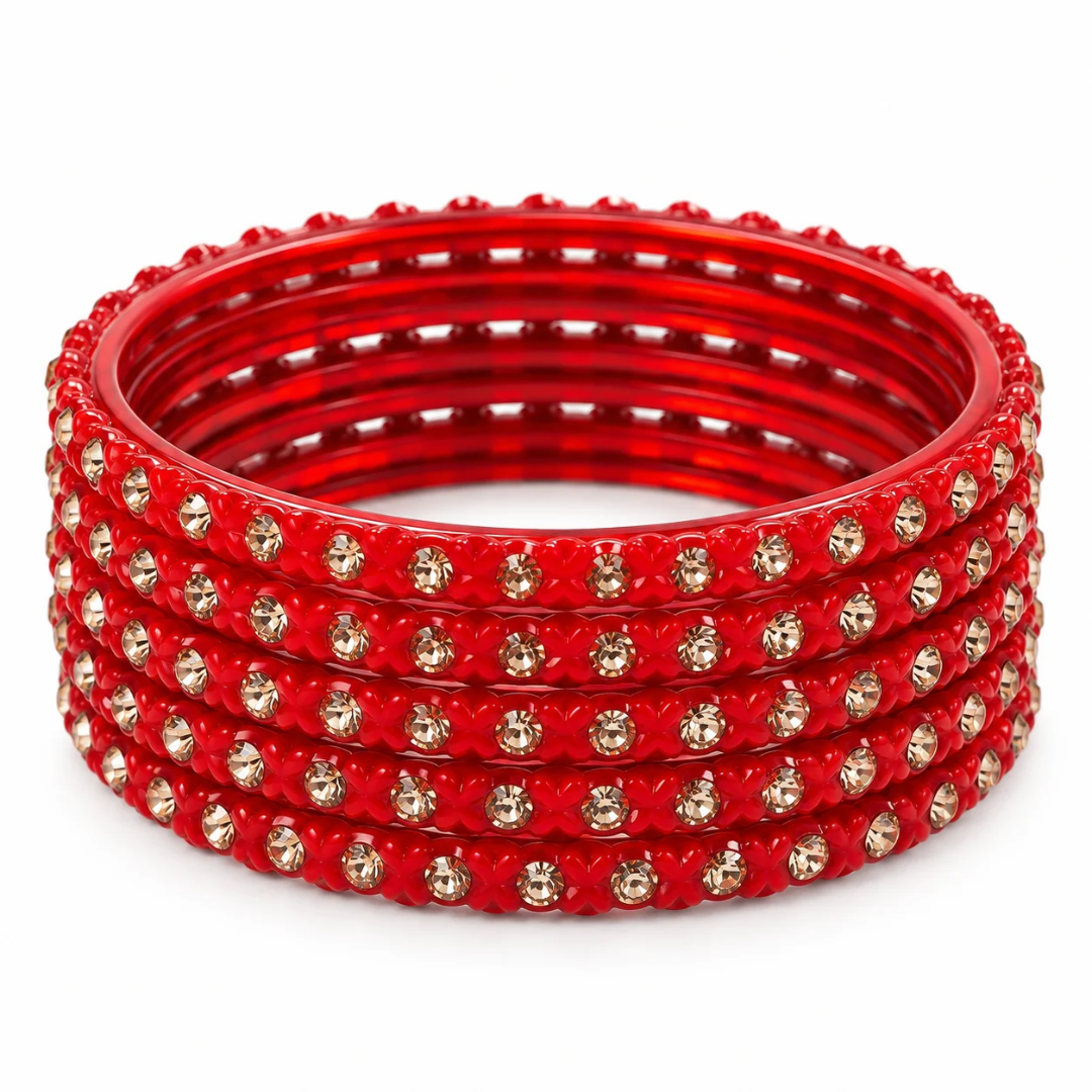 Pulsera | Red Stone Studded Glass Bangles - 6 pieces (size -2.6)