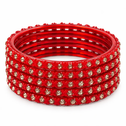 Pulsera | Red Stone Studded Glass Bangles - 6 pieces (size -2.6)