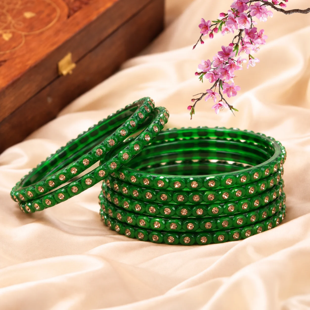 Pulsera | Green Stone Studded Glass Bangles - 6 pieces (size -2.6)