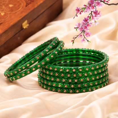 Pulsera | Green Stone Studded Glass Bangles - 6 pieces (size -2.6)