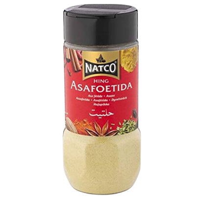 Polvo de Hing Asafoetida de Natco, bote de 100g, una especia esencial de la India, conocida por su rico aroma y beneficios digestivos, comúnmente utilizada en curries, dals y cocina india.