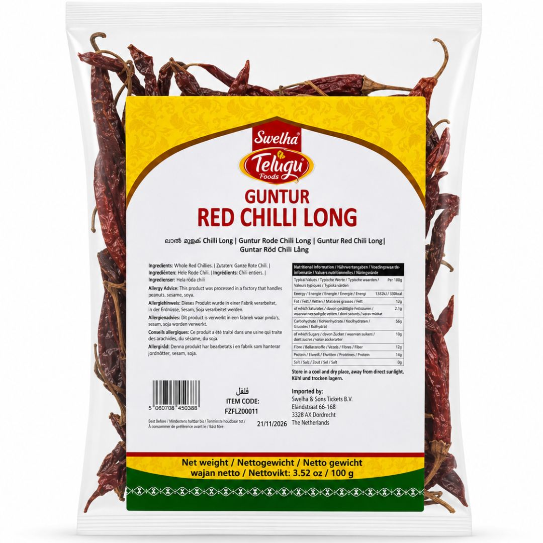 Chiles Rojos Enteros | Red Long Chilli Whole Guntur 100g Telugu Foods