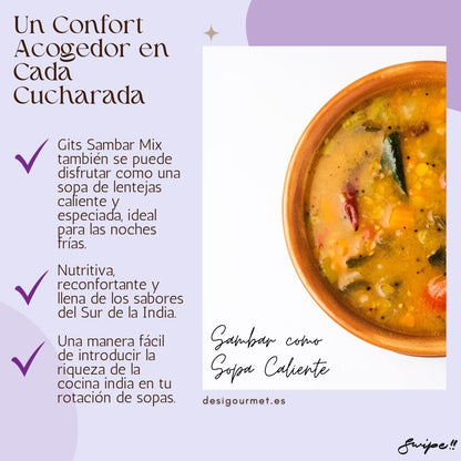 Sambar as a Warm Soup Alt Text (English): "Savor the comforting warmth of spiced Sambar soup from Gits Mix." Texto Alternativo (Español): "Saborea el confortante calor de la sopa de Sambar especiada del Preparado de Gits."