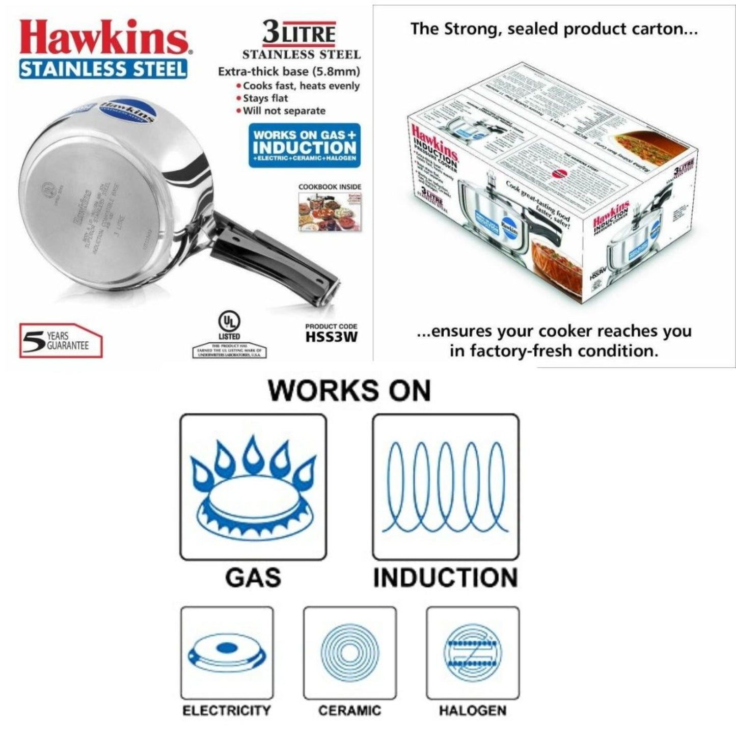 Olla de presion | Pressure Cooker (Stainless Steel) Hawkins 3Ltr. (Gas+Induccion) HSS3W