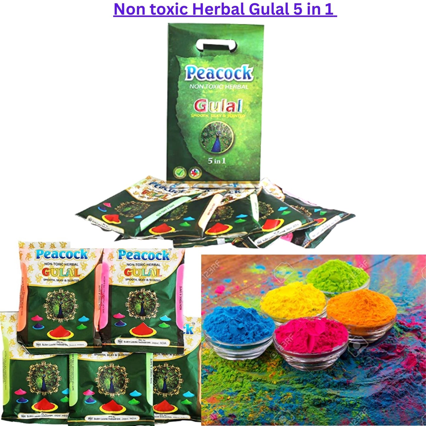 Gulal Herbal Color | Holi Gulal Non-toxic Herbal color pack 250g (5 in 1) Peacock