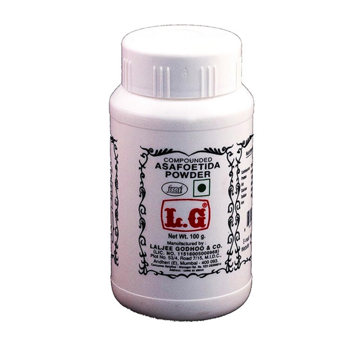 Botella de LG Hing (Asafoetida) 50g, conocida por su fuerte sabor umami y beneficios digestivos, ampliamente utilizada en la cocina india para realzar el sabor de curries y lentejas.