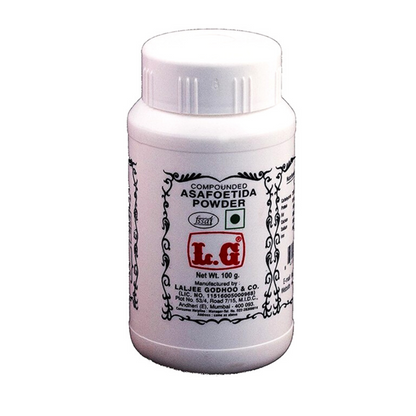 Botella de LG Hing (Asafoetida) 50g, conocida por su fuerte sabor umami y beneficios digestivos, ampliamente utilizada en la cocina india para realzar el sabor de curries y lentejas.