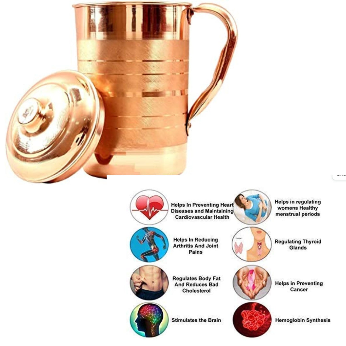 Jarra de agua de cobre puro | Pure Copper Water Jug Pitcher for Ayurveda Health Benefit
